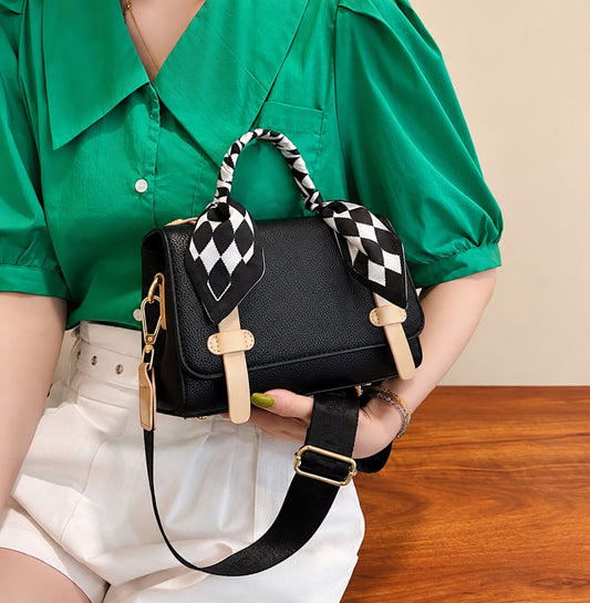 Checkered Silk-Wrap Black Mini Satchel