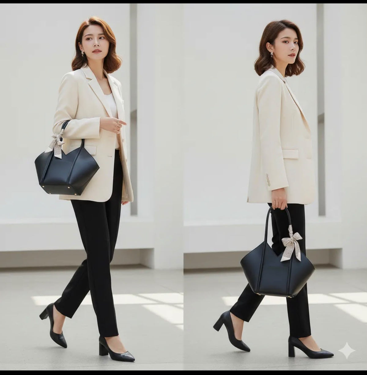 Black Geometric V-Cut Shoulder Tote Bag