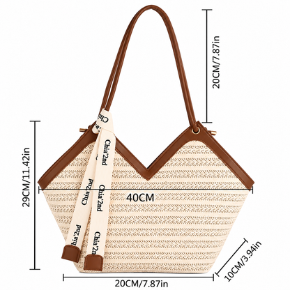 Women's Woven Straw V-Neck Shoulder Tote Bag with PU Leather Trim & Ribbon Charm