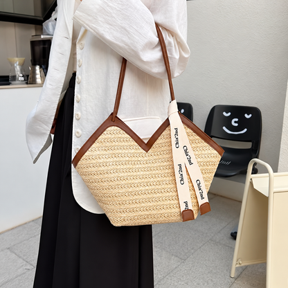 Women's Woven Straw V-Neck Shoulder Tote Bag with PU Leather Trim & Ribbon Charm