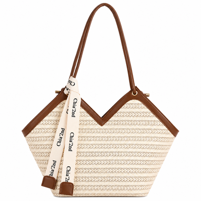 Women's Woven Straw V-Neck Shoulder Tote Bag with PU Leather Trim & Ribbon Charm