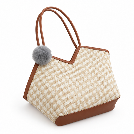 Woven Houndstooth Print Tote Bag with Brown Trim