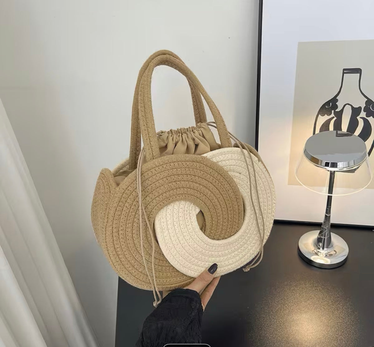 Swirl Two-Tone Cotton Rope Round Handbag