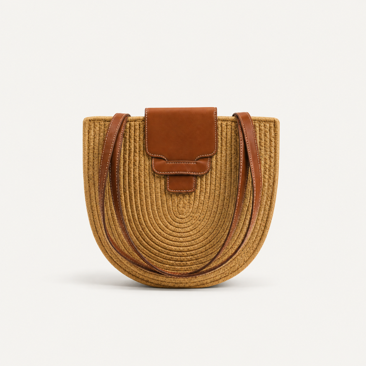 Straw Crossbody Bag in Camel Tan with leather flap