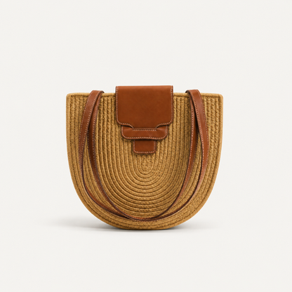 Straw Crossbody Bag in Camel Tan with leather flap