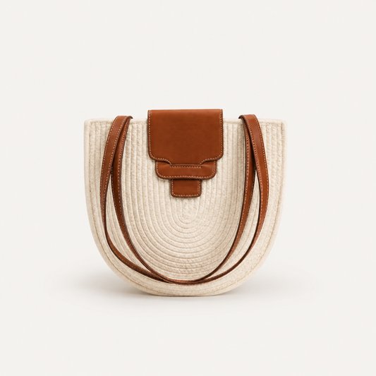 Straw Crossbody Bag in Warm Ivory with leather flap