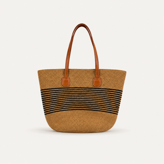 Straw Tote Bag in Camel Tan with leather handles