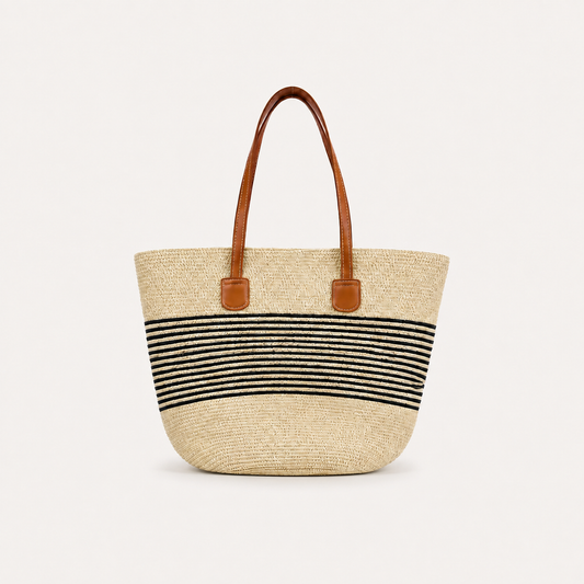 Straw Tote Bag in Warm Ivory with leather handles