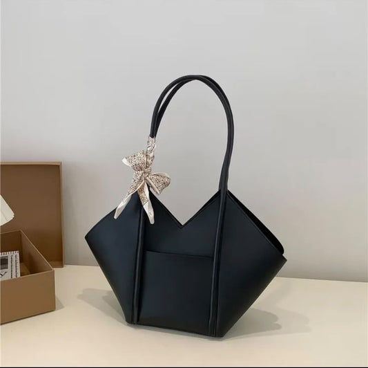 Black Geometric V-Cut Shoulder Tote Bag
