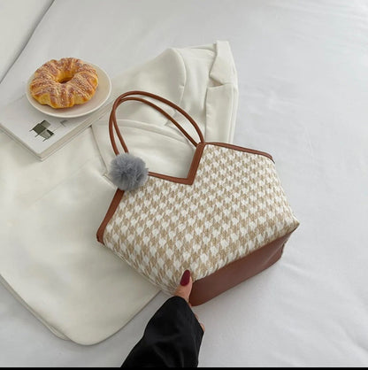 Woven Houndstooth Print Tote Bag with Brown Trim