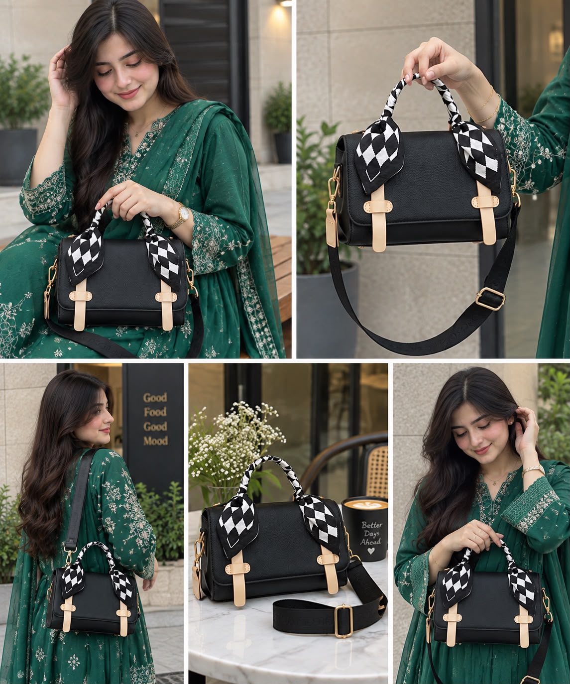 Checkered Silk-Wrap Black Mini Satchel