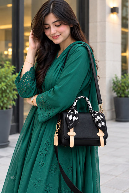 Checkered Silk-Wrap Black Mini Satchel