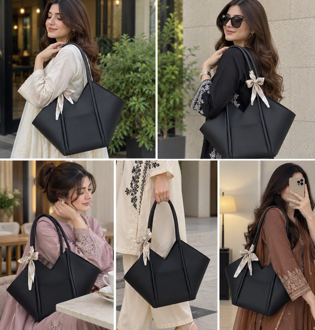 Black Geometric V-Cut Shoulder Tote Bag