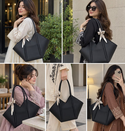 Black Geometric V-Cut Shoulder Tote Bag