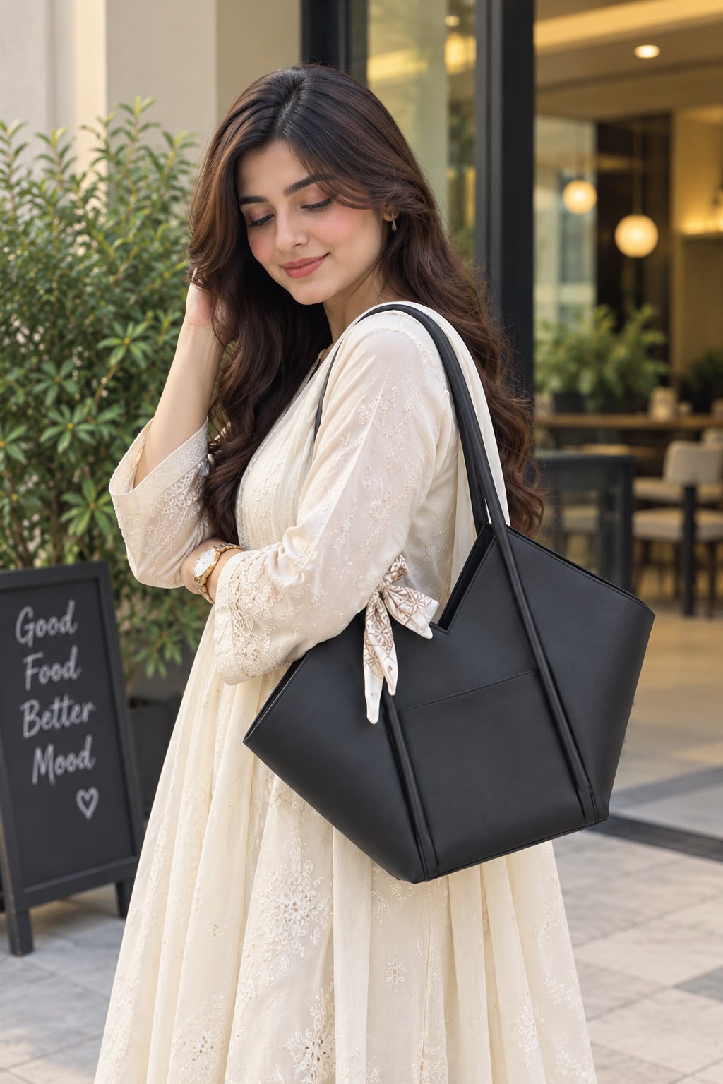 Black Geometric V-Cut Shoulder Tote Bag
