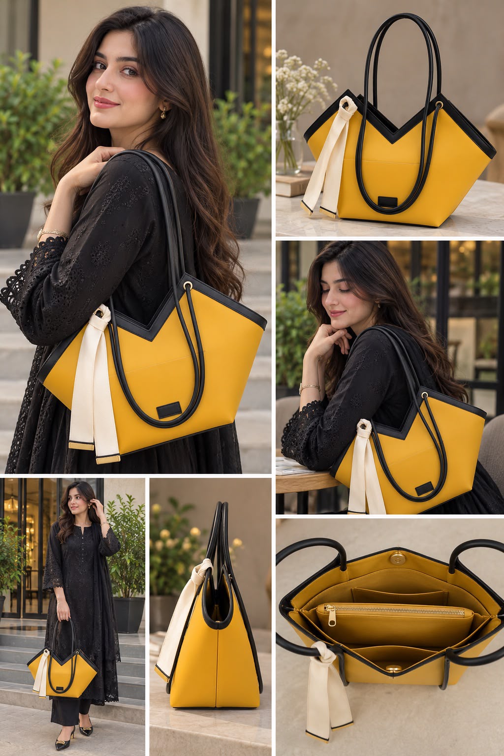 Modern V-Cut Mustard & Black Shoulder Bag