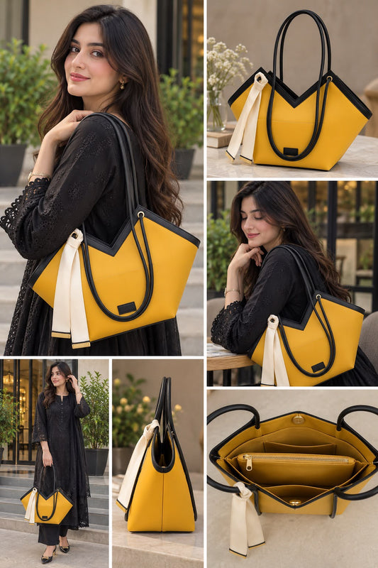 Modern V-Cut Mustard & Black Shoulder Bag