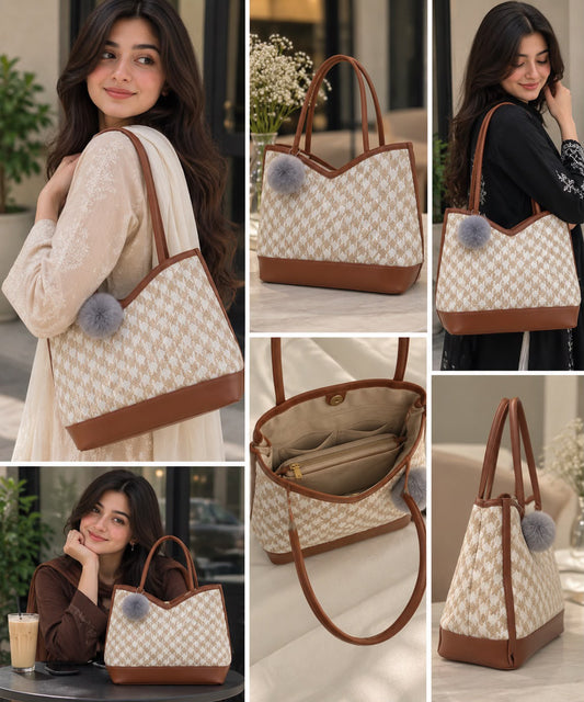 Woven Houndstooth Print Tote Bag with Brown Trim
