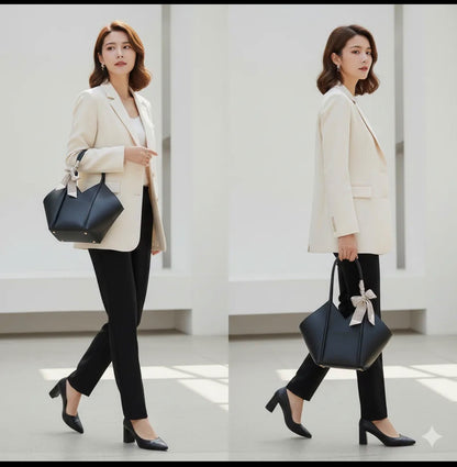 Black Geometric V-Cut Shoulder Tote Bag
