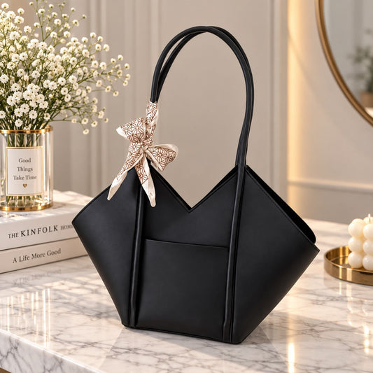 Black Geometric V-Cut Shoulder Tote Bag