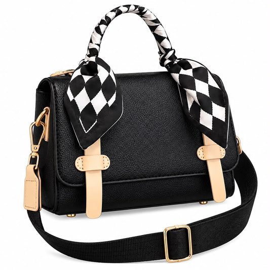 Checkered Silk-Wrap Black Mini Satchel