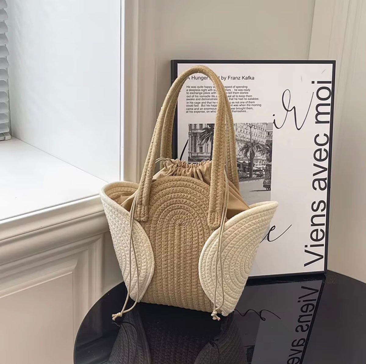 Woven Raffia Tote with Spiral Panels