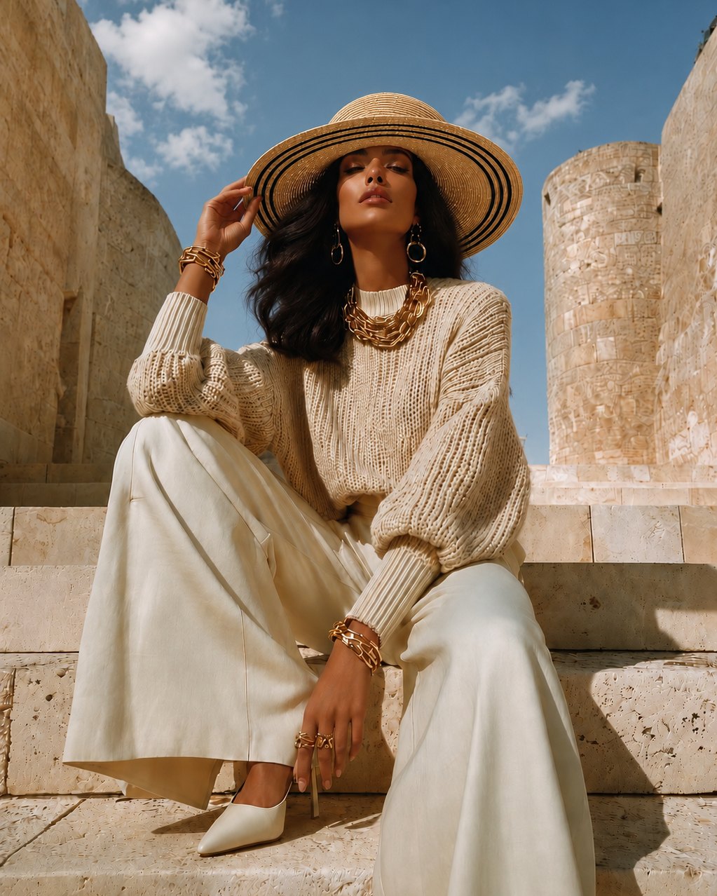 A woman seated on warm stone steps in cream knitwear, wearing a wide-brimmed striped woven hat
